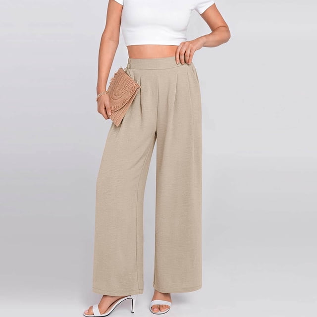AherBiu Womens Pants Summer Ruched High Waisted Wide Leg Solid Color Slacks Pants with Pockets