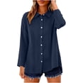 thumbnail image 3 of VBVC Women's Cotton-Linen Collared Tunic Top , Ladies' Long Sleeve Button Down Blouse , Loose Fit Pleated Shirts For Women,Navy,S-2XL, 3 of 10