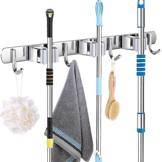 Soporte de pared de acero inoxidable para fregona y escoba con 3 clips y 4 ganchos. Organizador de pared para cocina y jardín. Wy008, gris.