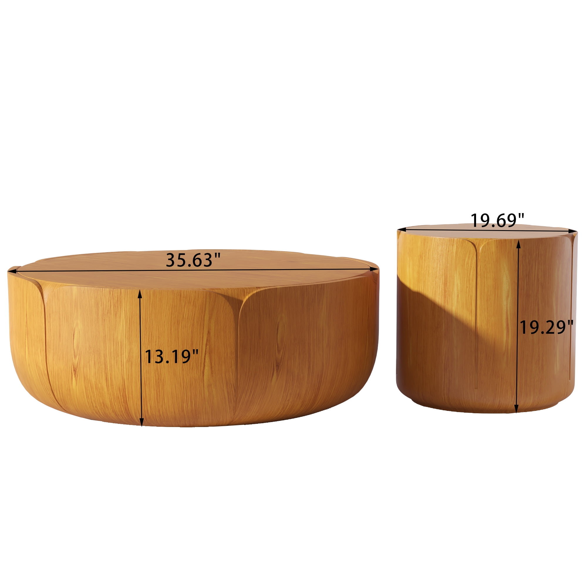 LiviNest All-Weather Drum Coffee Table Set: 365-Day Outdoor Indoor Table - 35.63" & 19.69" Round MGO Wood Grain - 220 lbs Capacity No Assembly