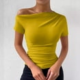 thumbnail image 6 of Women One Shoulder Ruched Short Sleeve T Shirt Summer Fashion Casual Solid Color Slim Fit Tee Top Streetwear, 6 of 6