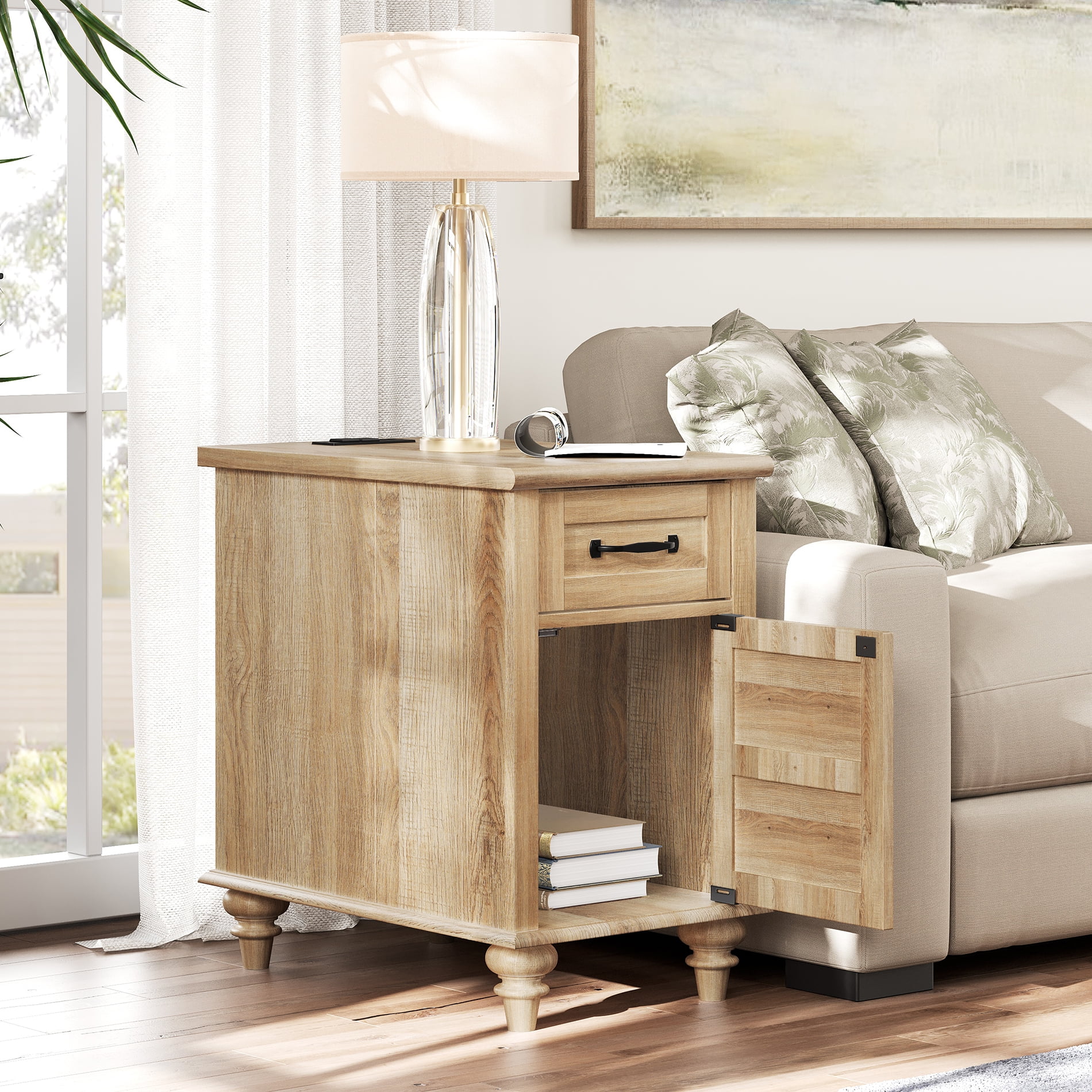 Oak End Table with Charing Staion, Narrow Nightstand Side Table with Drawer for Living Room