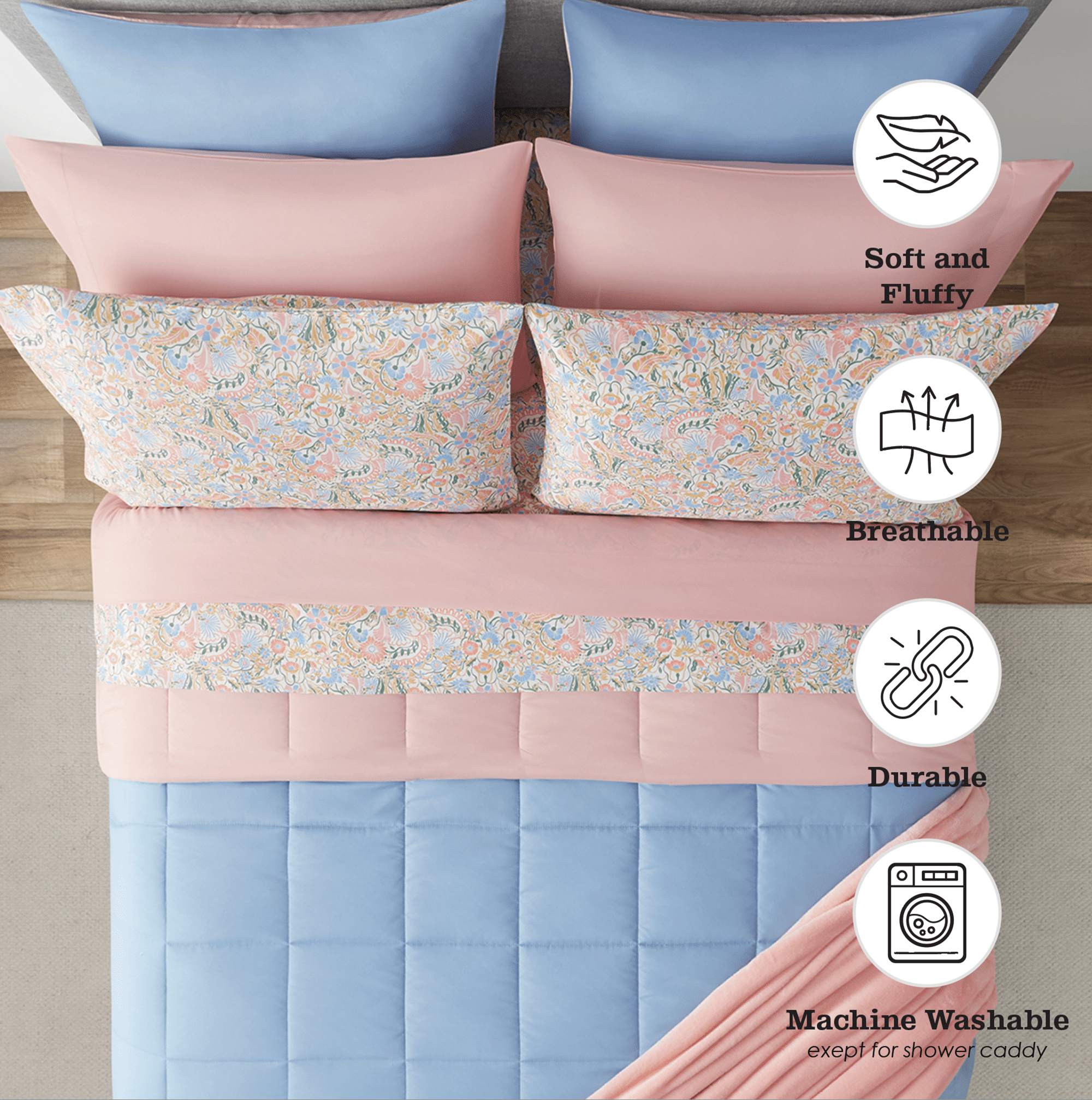 17pc College Dorm Essentials Bundle, Full, Reversible Bed in a Bag Comforter Set, Light Blue and Pink
