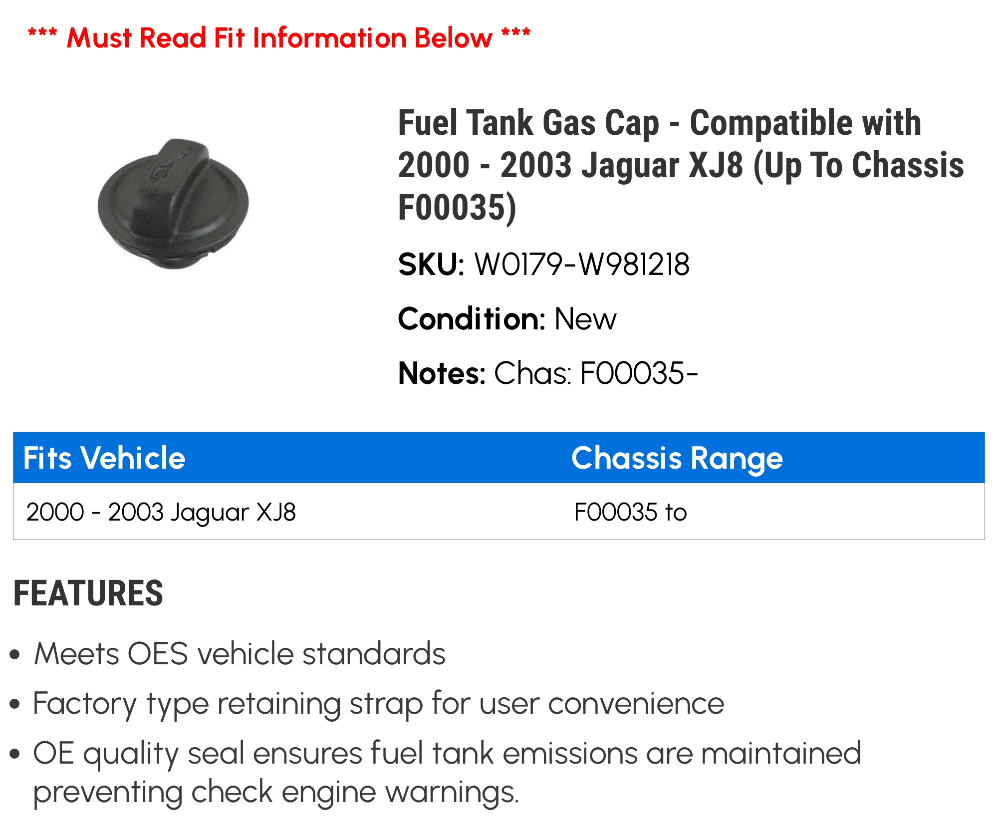Fuel Tank Gas Cap - Compatible with 2000 - 2003 Jaguar XJ8 (Up To Chassis F00035) 2001 2002