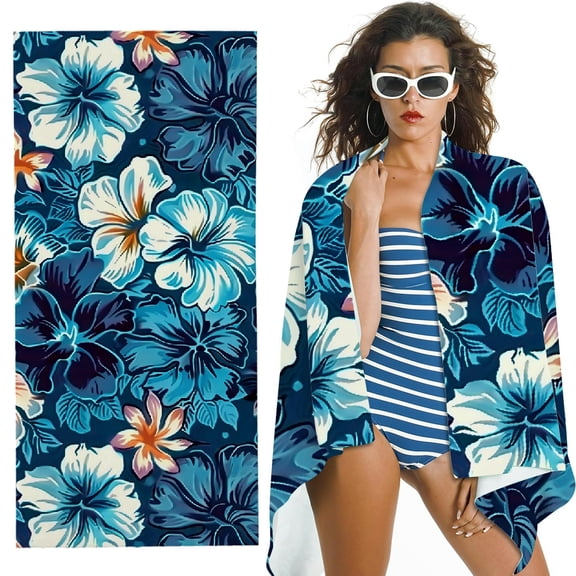 Qinduosi Blue Hibiscus Floral Beach Towel, Absorbent Quick Dry Swimming Yoga Beach Towels, Large Sand Free Microfiber Beach Towel for Women, Men, Kids 30x60in