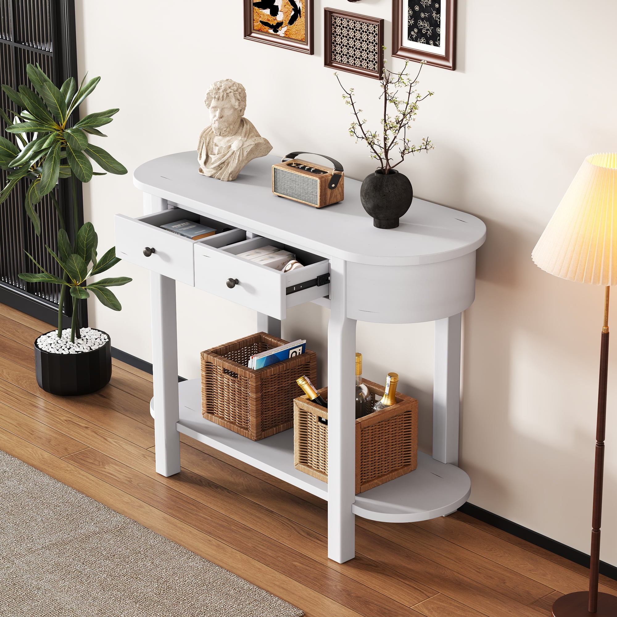 EUROCO 40" Narrow Console Table,Retro Entryway Table with Open Storage Shelf, 2 Drawers and Corner-Curved Design,Sofa Table Behind Couch for Entryway, Hallway and Living Room,Antique White