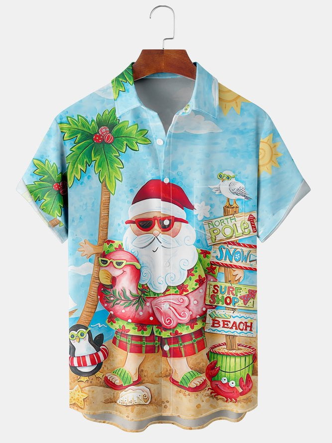 Mens Christmas Santa Surfing Print Front Buttons Short Sleeve Shirt Chest Pocket Casual Hawaiian