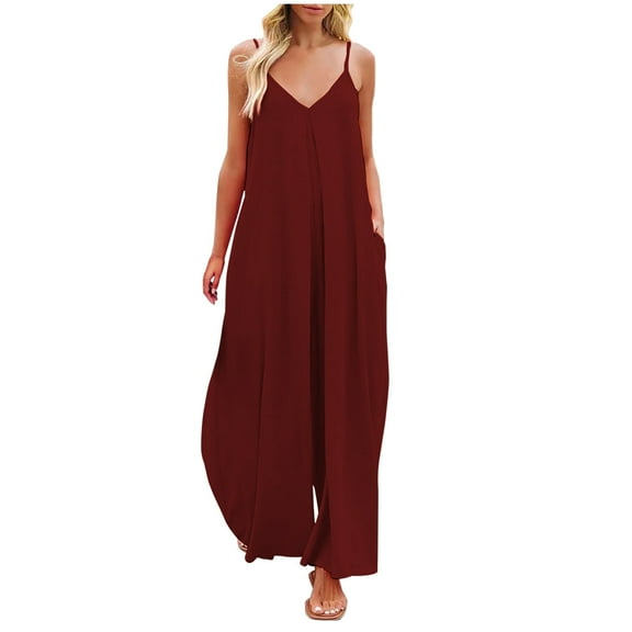Besolor Women's Baggy Summer Jumpsuits Casual Flowy V Neck Sleeveless Spaghetti Strap Wide Leg Pants Rompers with Pockets Ladies Clothes