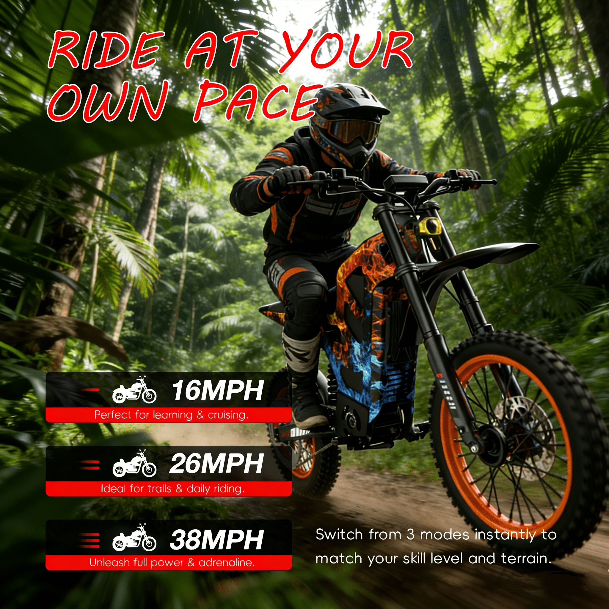 GOLUCKY Electric Dirt Bike for Teens Adults, 3000W Motor, 38MPH & 48Mile, 48V/21AH Removable Battery, 14"/12" Fat Tire, Hydraulic off-Road for Age 13+