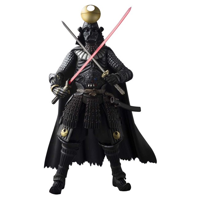 figura de acción bandai tamashii nations meisho samurai darth vader, vista frontal de cuerpo entero en color negro con armadura samurái estilo Death Star, casco con adorno dorado, capa negra, katana roja tipo sable de luz y espada corta metálica, manos intercambiables visibles y fundas en el cinturón; suele usarse como pieza de exhibición en vitrinas de coleccionistas.