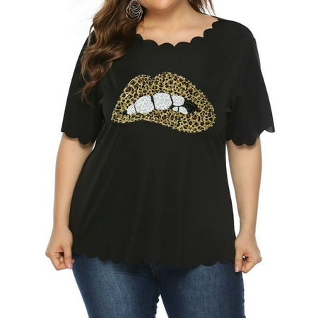 SpringTTC Women's Plus Size Casual Leopard Lip Print Wavy Edge Blouse Shirts Tops