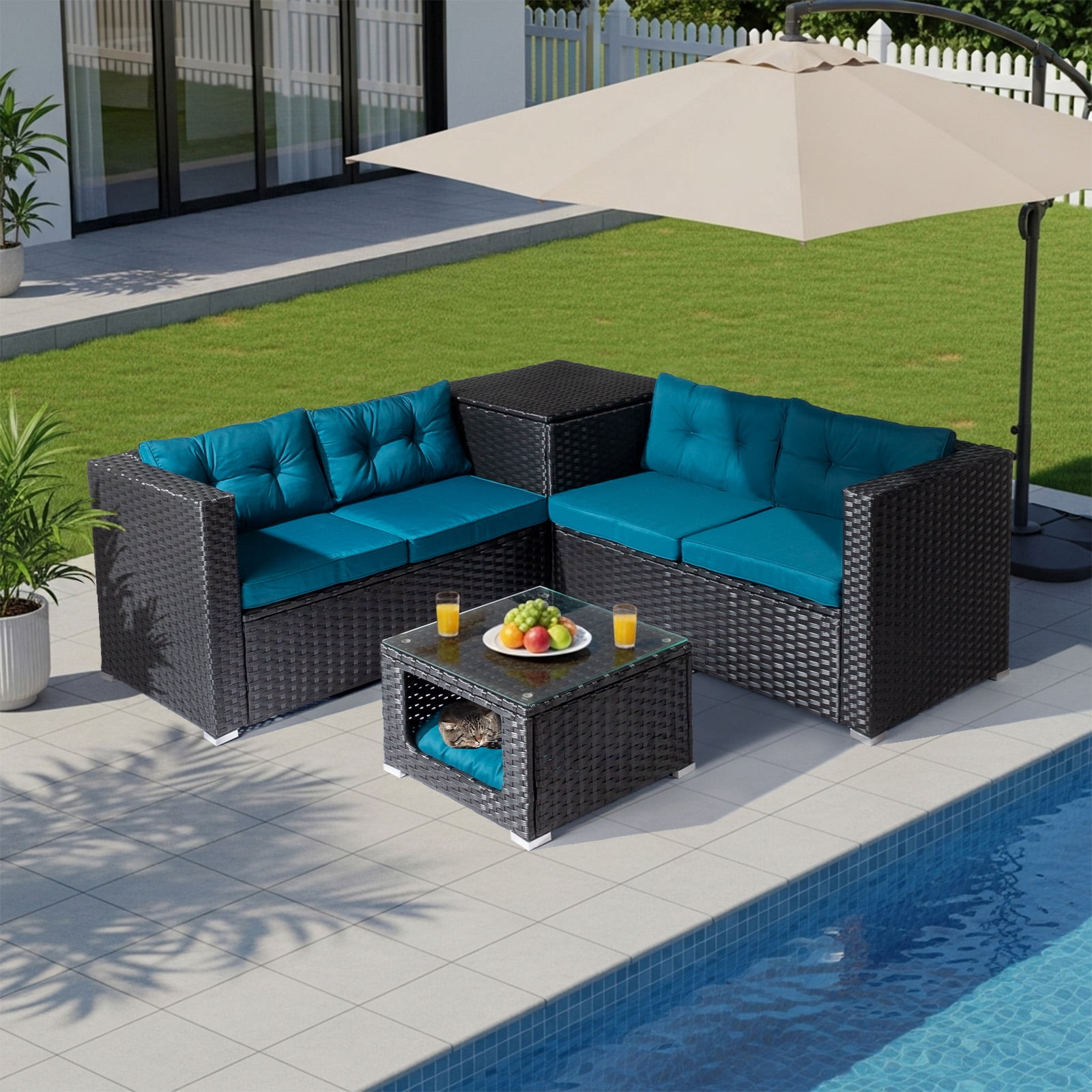 Ktaxon 4PC Patio Furniture Set, Black PE Wicker Modular Sectional with Storage Box, Pet Coffee Table  Peacock Green Cushions