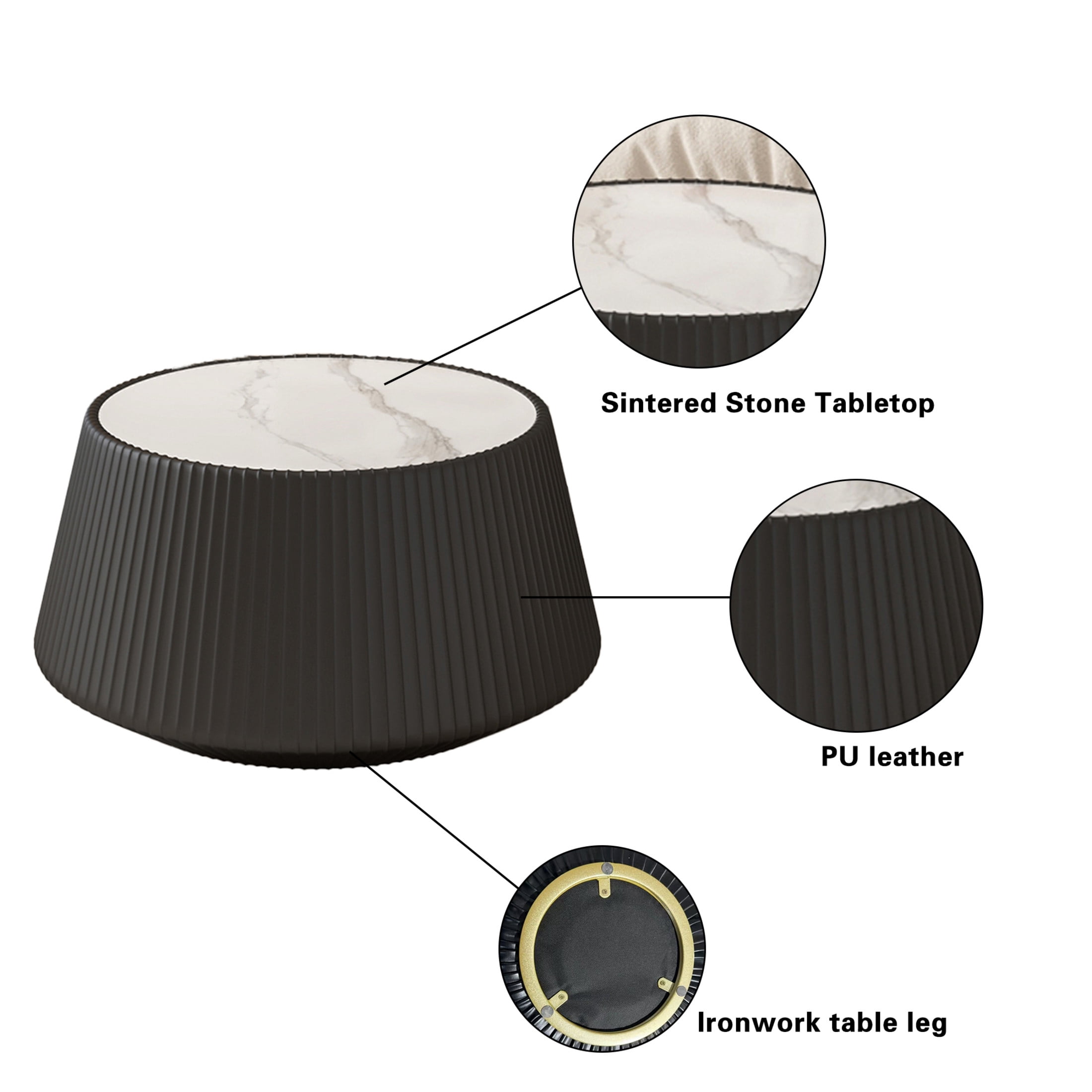 Noble House Cersei 26" Cup-Shaped Mable Top Coffee Table with Leather Accents, End Table for Living Room, Black