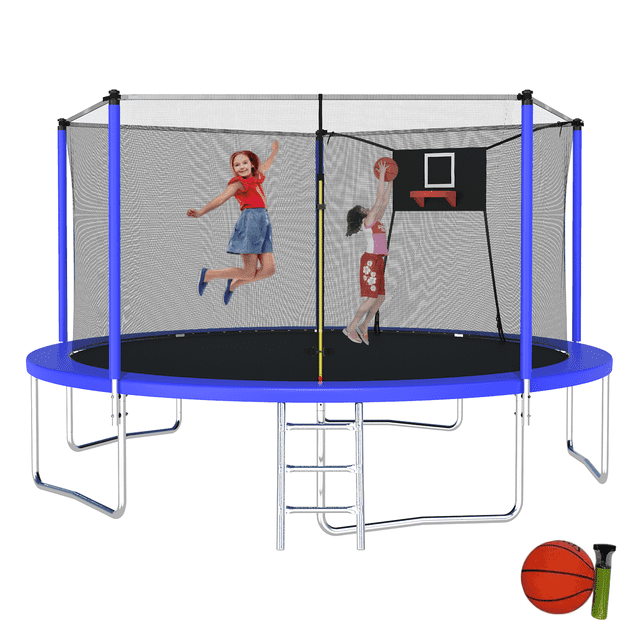 UIOWIO 14 ft Recreational Trampoline for Kids and Adults with Ladder Outdoor Trampoline Backyard Trampoline with Basketball Hoop,Enclosure Net,Storage Bag,Blue
