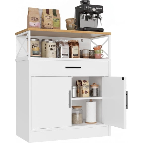Coffee Bar Cabinet, Farmhouse Kitchen Storage Cabinet with Adjustable Shelf, 31“ Modern Sideboard Buffet Table for Kitchen, Dining Room, White