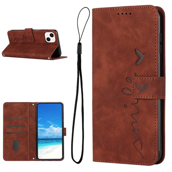 Feishell for iPhone 14 Plus 6.7 inch Wallet Case,for Women Men,Love Heart Pattern Embossed Plain PU Leather Magnetic Clasp Credit Card Slots Folio Flip Kickstand Phone Cover,Brown