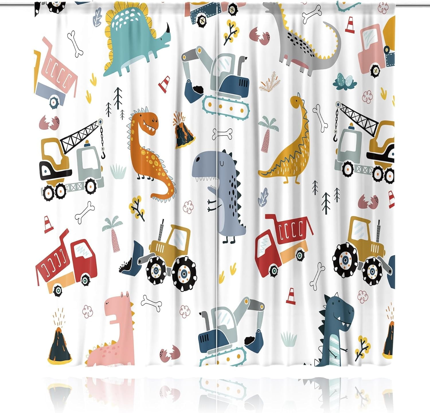 Dinosaur Kids Curtains for Bedroom 42Wx63H Inch Rod Pocket Boy Construction Truck Cartoon Animal Cute Dino Colorful Window Drapes Child Toddler Living Room Window Treatment Fabric 2 Panel