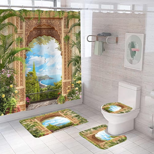 Juego de 4 cortinas de ducha con forma de pilar, juego de cortinas de ducha impermeables Rome Garden para baño con alfombras antideslizantes, tapa de inodoro y alfombrilla de baño, 12 ganchos de