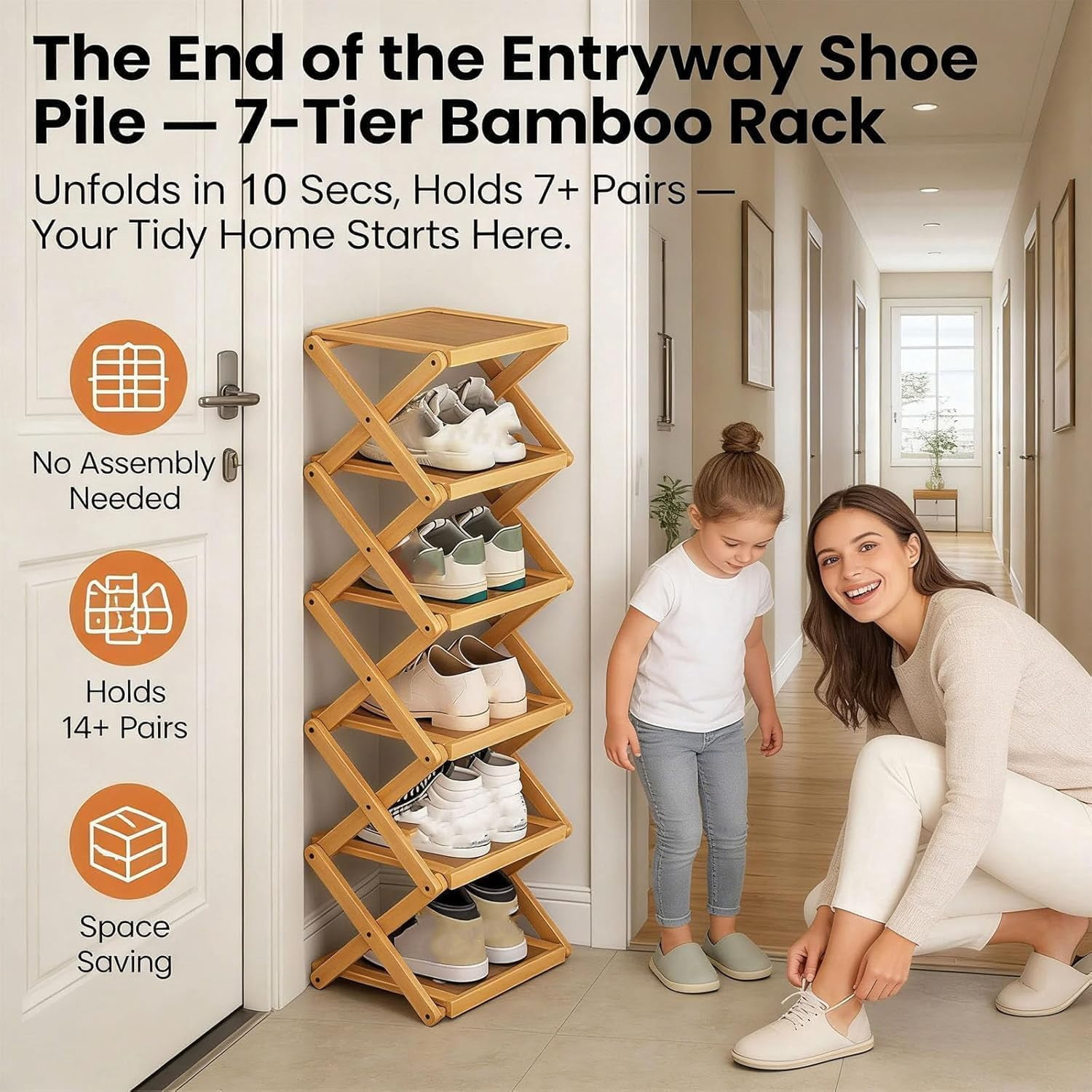 Tier Bamboo Shoe Rack, 2-9 Tiers Natural or Tea Color Foldable Shoe Rack Organizer, No-Tool Assembly Required with Strong Load-Bearing Capacity for Indoor