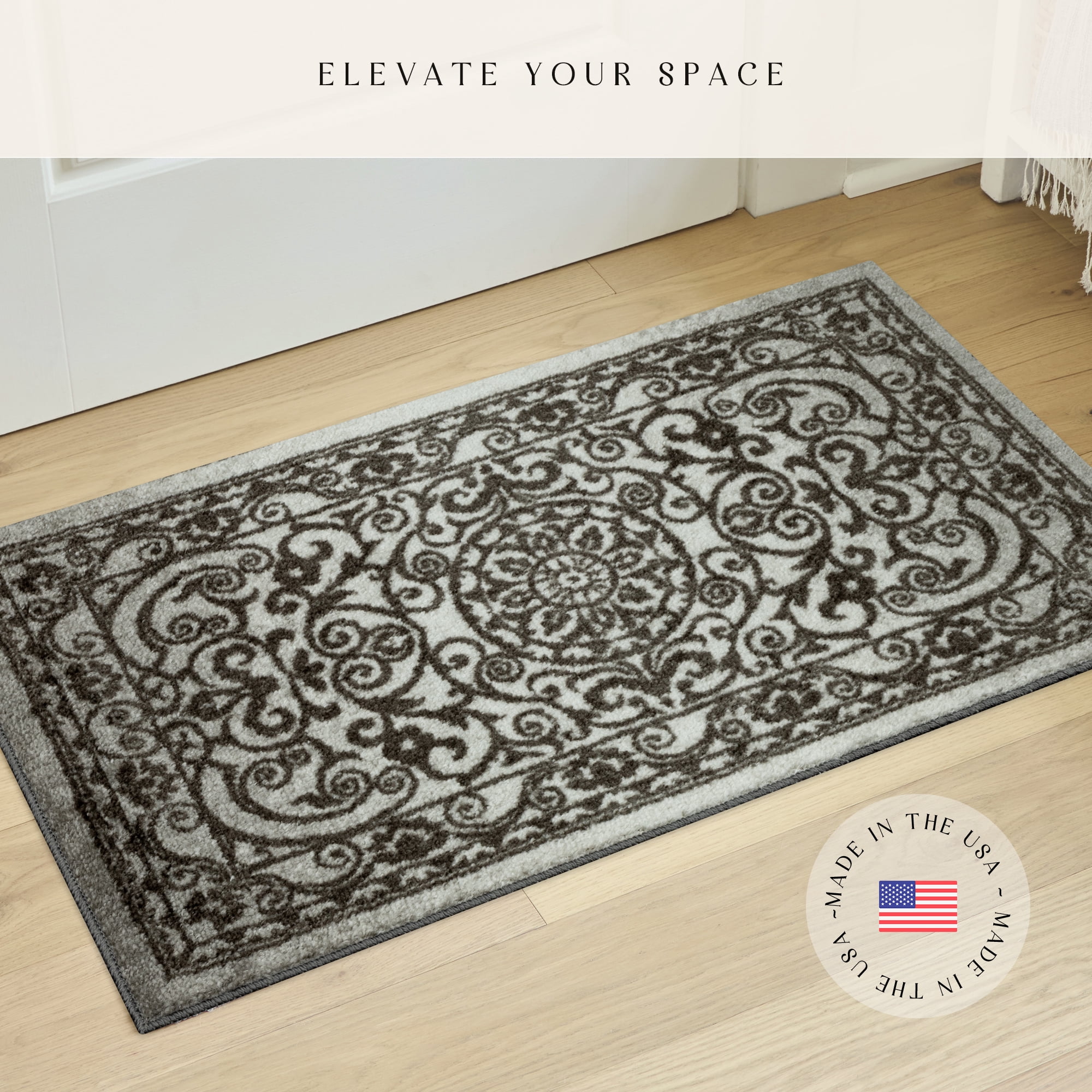 Maples Rugs Pelham Transitional Vintage Scroll Grey Washable Entryway Area Rug, 1'8 x 2'10