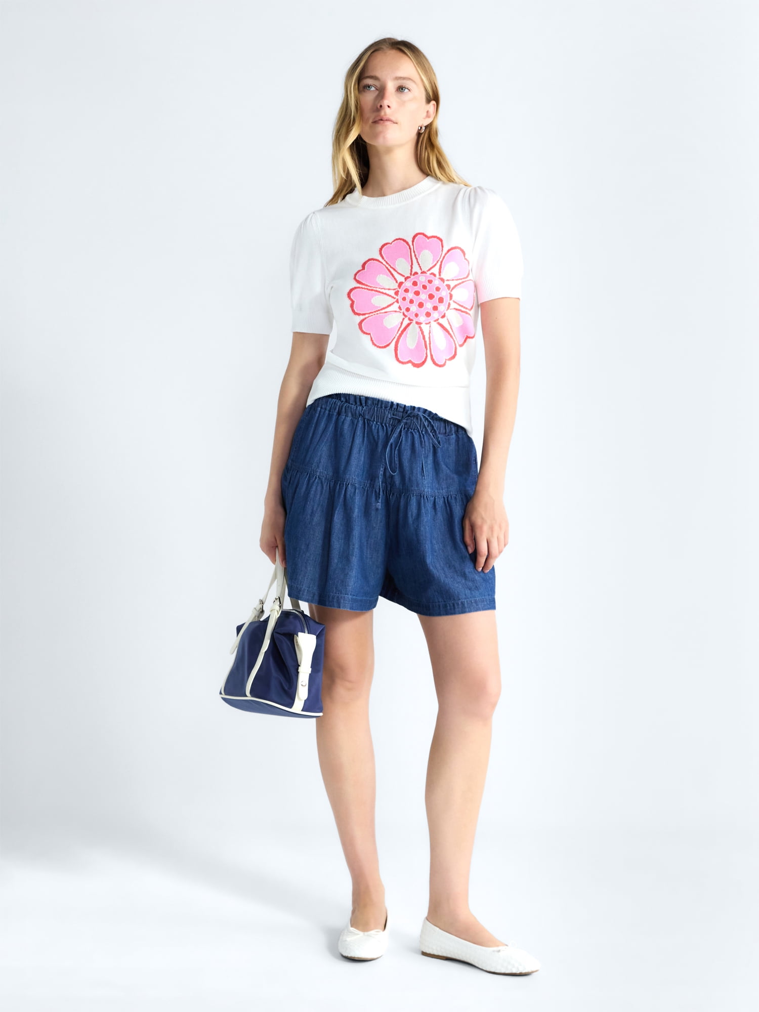 Free Assembly Women's and Women's Plus Floral Sweater with Puff Sleeves, Lightweight, Sizes XS-4X