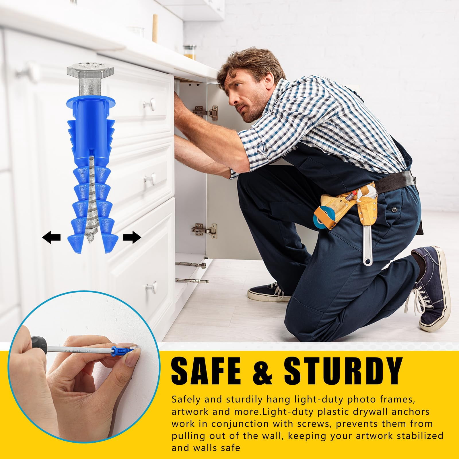500 Pcs #4-6-8 x 7/8 Inch Ribbed Lightweight Plastic Anchors Drywall Anchors for Hollow Walls Pictures Artwork Decor Light Duty Anchoring Application (Yellow)