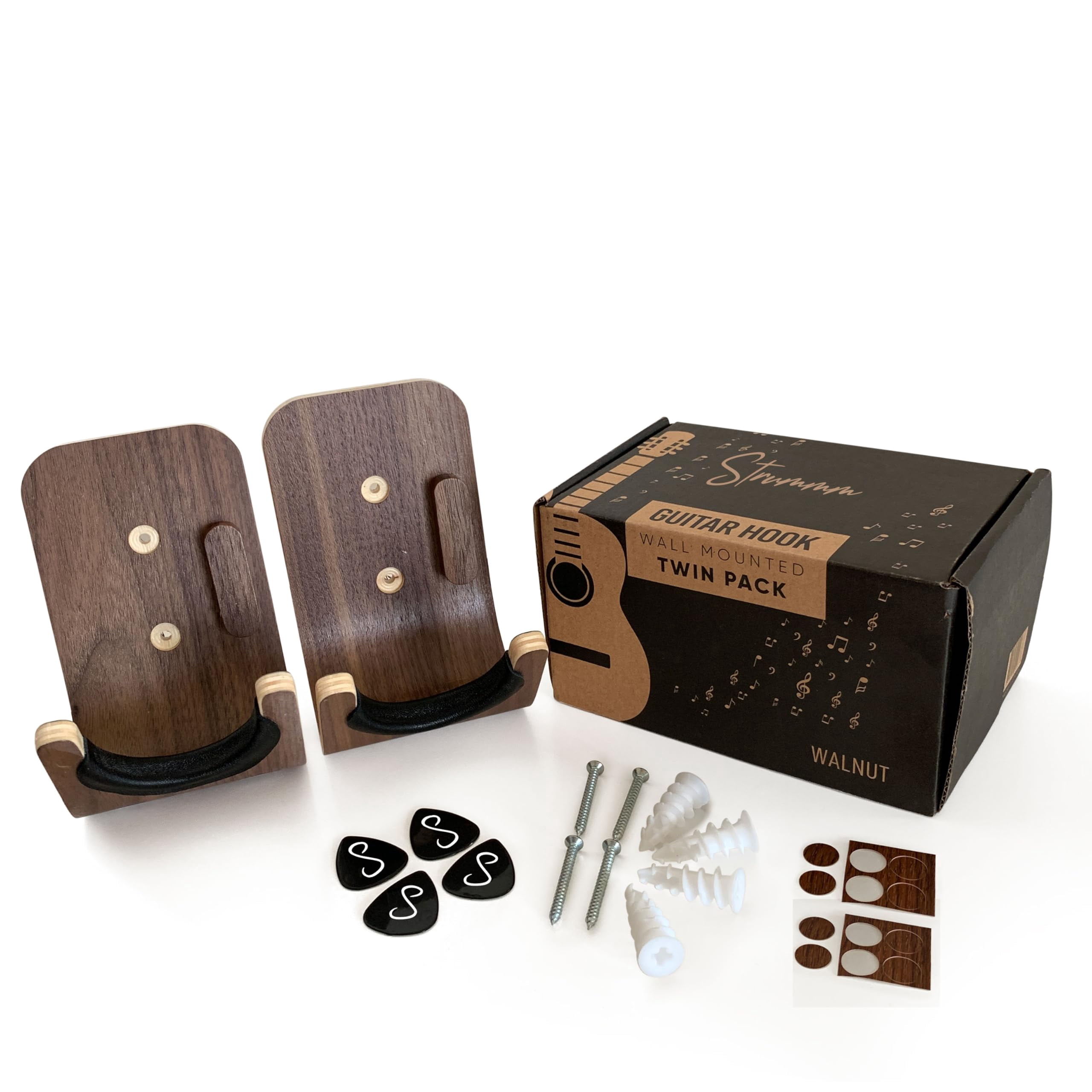 Guitar Wall Mount Hooks 2 Pack: Modern Design Hanger For Storage & Display. Heavy Duty Ply Wood Hook Holder The Wall. Hangers Stand Acoustic Guitars  Ukulele Bass Violin Cello