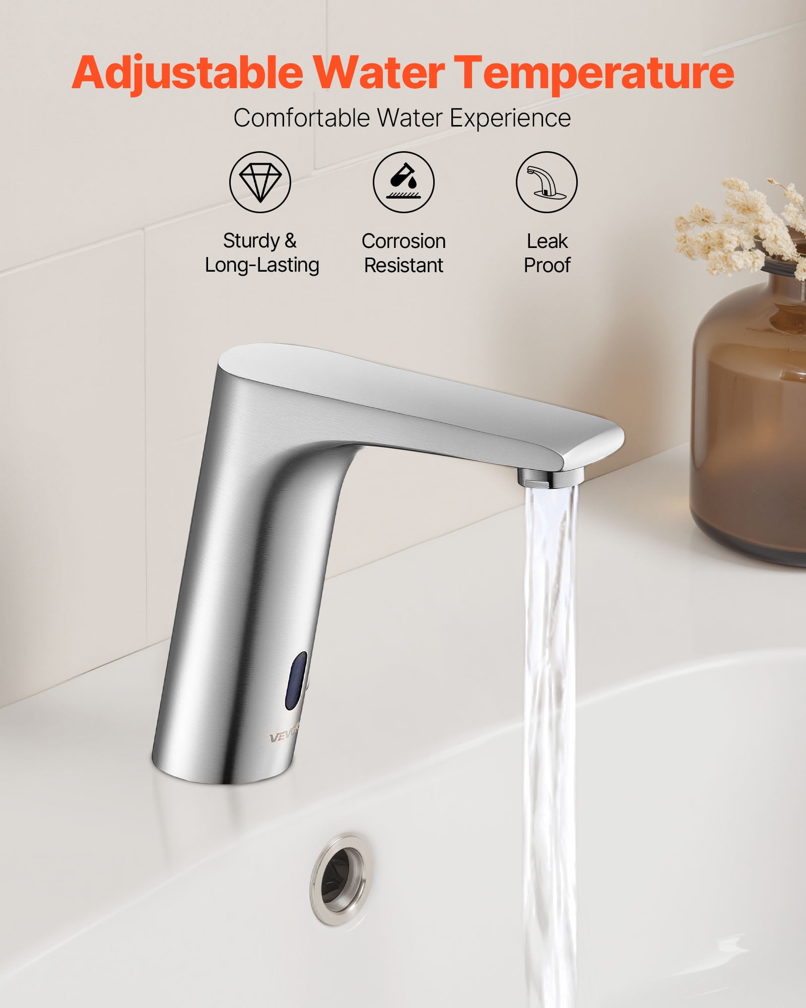 VEVOR Touchless Bathroom Sink Faucet, Automatic Motion Sensor Restroom Toilet Faucet, HandsFree Adjustable Cold Hot Single Handle Water Mixer Battery Operated for 9/16 in Pipe,Brushed Nickel Silver