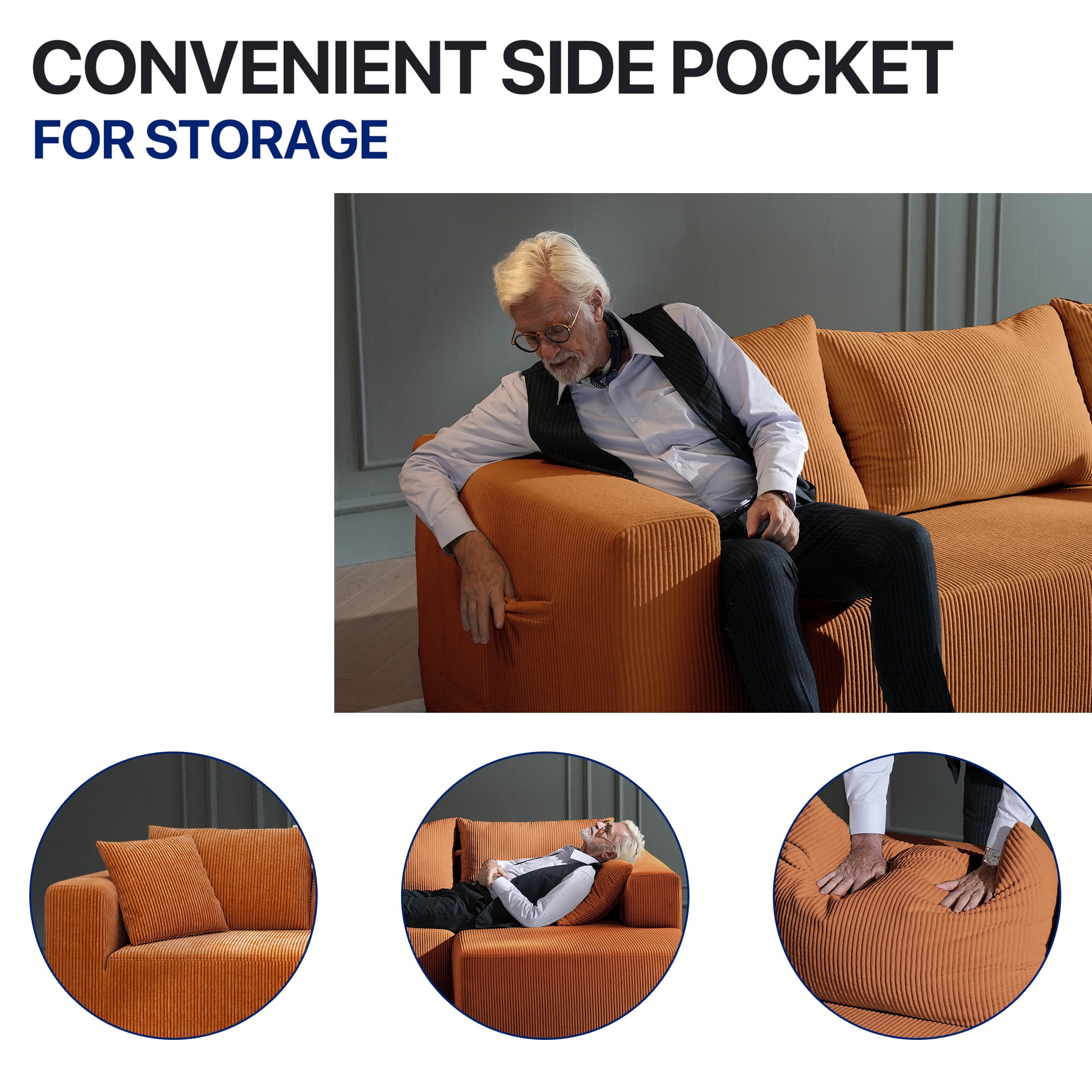 Focalsweet 107" L-Shaped Sofa Couch, Modular Sectional Living Room Sofa Set, Corduroy, No Assembly, Orange