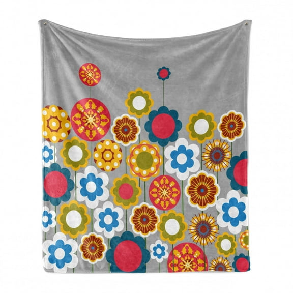 Floral Soft Flannel Fleece Throw Blanket, Flower Heads in Circular Shapes Modern Colorful Summer Girls Graphic Print, Cozy Plush for Indoor and Outdoor Use, 50" x 60", Multicolor, by Ambesonne