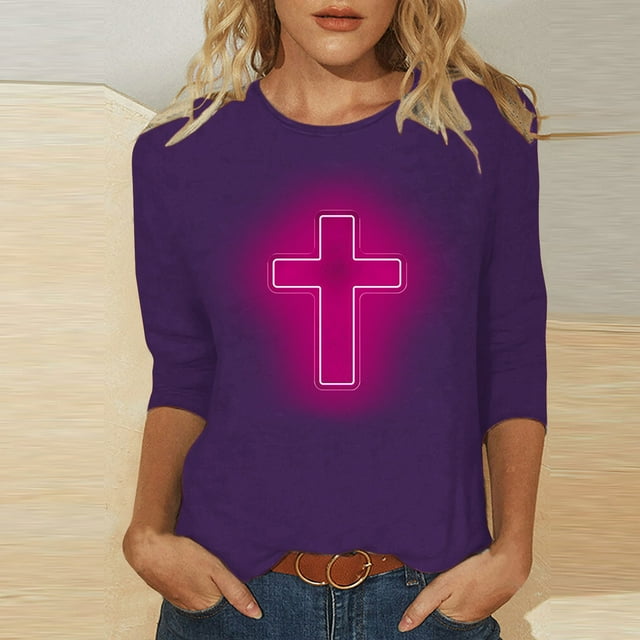 EGNMCR Easter T-Shirts Imprimés pour Femmes T-Shirts Graphiques T-Shirts pour Femmes Mode Femme Décontracté Noël Imprimé Col Rond Blouse Imprimée T-Shirt Manches 3/4 Blouses Femmes T-Shirts