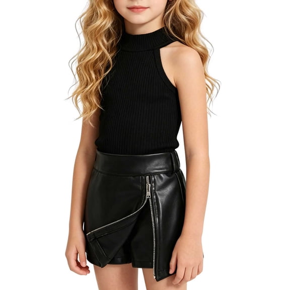 Qabnzmfo Girls Cute Outfit Set Sleeveless Ribbed Tank Top Faux Leather Skort 2 Piece Fashion Streetwear Toddler Clothes