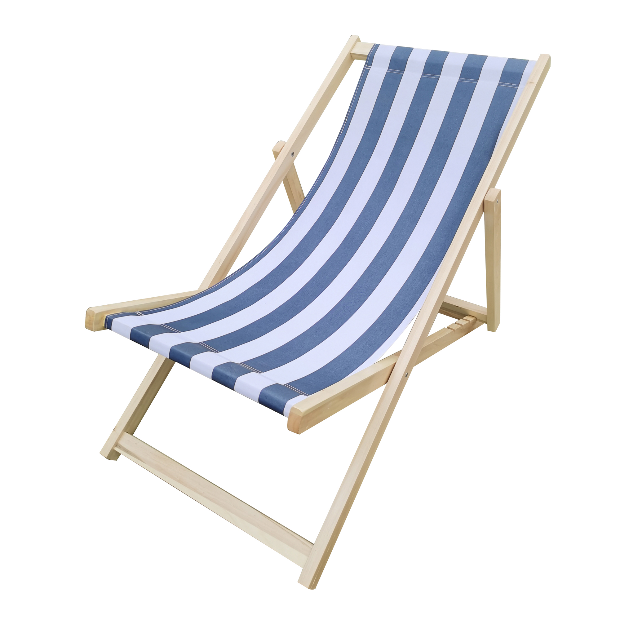 Outdoor Foldable Patio Lounge Chair, Beach Sling Chair, Outdoor Reclining Beach Chair Wooden Folding Adjustable Frame Solid Eucalyptus Wood with Blue Stripe Polyester Canvas Portable - image 5 of 7