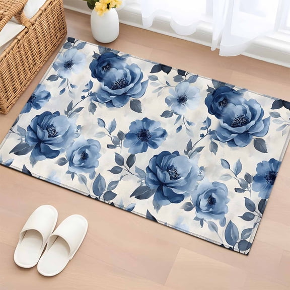 2x3 Ft Entryway Area Rug, Blue Floral Kitchen Rug Runner Washable Floor Mat, Watercolor Country Flower Pastoral Rose Non Slip Indoor Door Mat Throw Carpet for Bathroom Living Room Bedroom