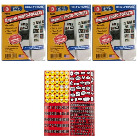 Pack Scrapbooking Stickers Freez-A-Frame Magnetic Photo Pocket/Frame 2.5 x 3 .5 (Wallet size) (33325) 3 Packs (3 Per Pack) + Scrapbooking Stickers 4 Pages of Emojis, Quotes, Letters & Numbers - Value Bundle ()
