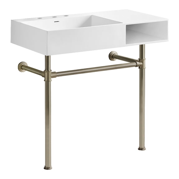 Kingston Brass KVPB3368SQA88 Aurelius 36-Inch Solid Surface Console Sink with Stainless Steel Legs (8-Inch, 3-Hole) in Matte White/Brushed Nickel
