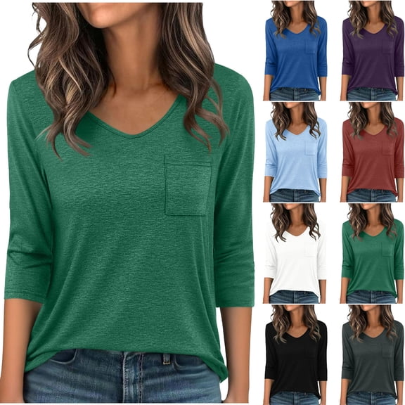 VBVC Women's V Neck 3/4 Sleeve T-Shirts,Ladies Lightweight Pocket Tops,Breathable Basic Tees For Women,Light Blue,S-2XL