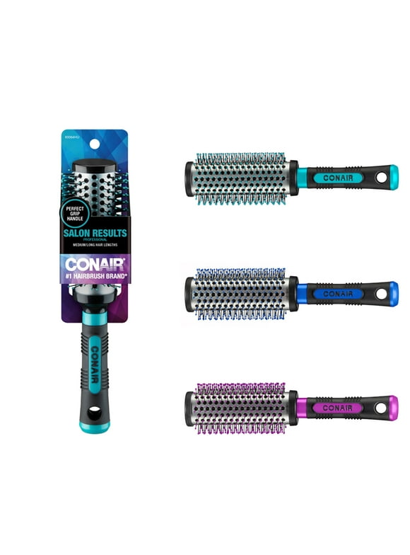 Conair Professional Large Round Hairbrush with Nylon Bristles and Rubber-Grip Handle, Colors Vary