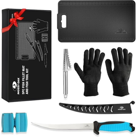 Mossy Oak Fish Fillet Knife Set 5 PCS Fish Cleaning Kit Includes 7 Fishing Knife Non-Slip Fish Fillet Mat Knife Sharpener Fish Scaler Remover and Cut Resistant Gloves Fishing Accessories Gifts
