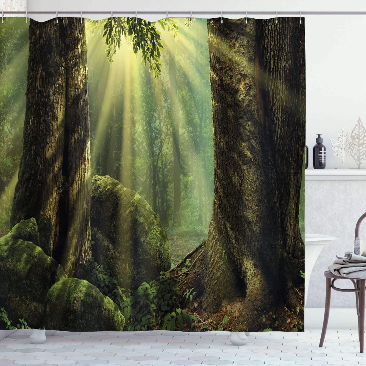 72" Waterproof Fabric Shower Curtain Set Green Rain Forest Trees Path Landscape 
