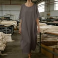 thumbnail image 4 of Linen Dress for Women 2026 - Short Sleeve Round Neck Summer Lounge Beach Vacation Flowy Maxi Dresses Sundress, 4 of 5