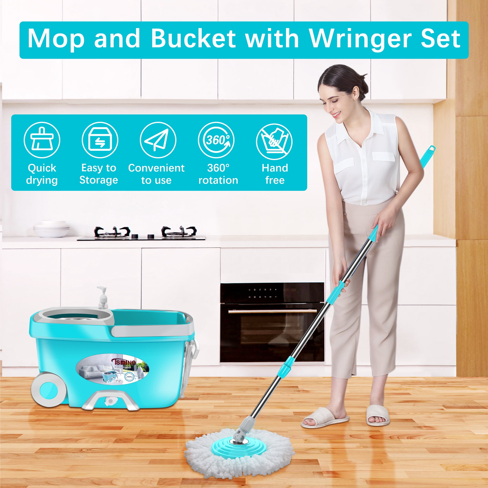 Spin Mop Bucket System Stainless Steel , Tsmine Spinning Mop Bucket Floor Cleaning System with 6 Microfiber Replacement Head Refills,61"Extended Handle, 2x Wheel for Home Cleaning - MINT