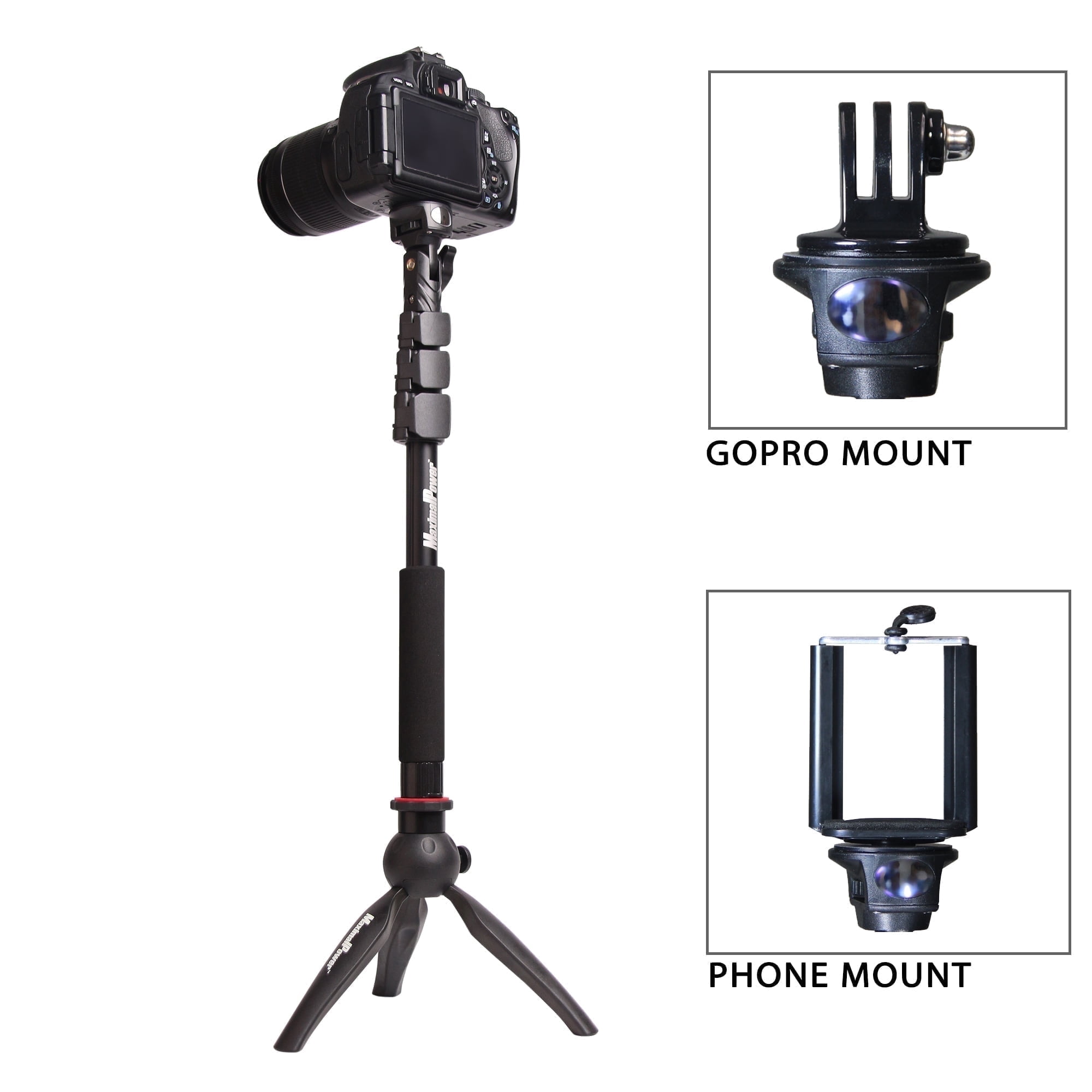 MaximalPower Monopod + Mini Tripod Adjustable for GoPro Smart Phone & Camera Photography Selfie