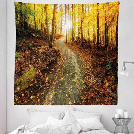 Fall Tapestry, Inspirational Early Morning View in the Woods with Rising Sun Idyllic Park Wilderness, Fabric Wall Hanging Decor for Bedroom Living Room Dorm, 5 Sizes, Multicolor, by Ambesonne