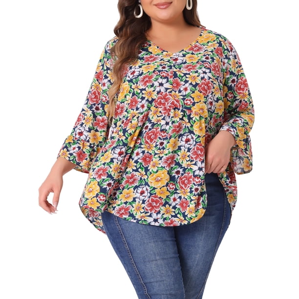 Blusas de Flores para Mujeres de Talla Grande Agnes Orinda con Cuello en V, Volantes, Mangas 3/4, Tops Peplum 4X Amarillo