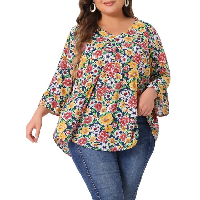 Blusas florales de talla grande para mujer Agnes Orinda, con cuello en V, volantes, mangas 3/4, tops peplum estilo babydoll 1X en amarillo