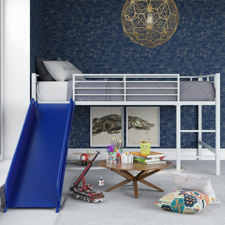 DHP Laurie Junior Twin Metal Loft Bed, Silver with Blue Slide, Fun