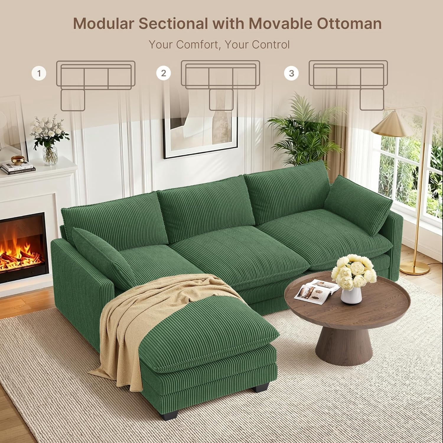 110.2" Cloud Couch Sectional, Lofka Modern Modular Sofa with Deep Seat, Upholstered Living Room Furniture Set with Movable Ottoman and 2 Throw Pillows, Green Couch