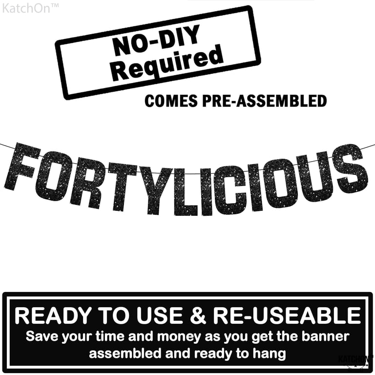 40th Birthday Party Banner Set - Black Glitter "Happy 40th", "Shorty Hit Forty", "Fortylicious" Hanging Decor
