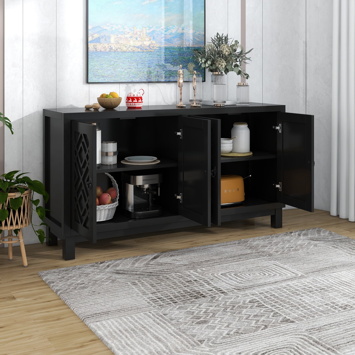 Kadyn Storage Sideboard Buffet Cabinet, 4 Door Sideboard with Pull Ring Handles, Kitchen Storage Cabinet for Living Room, Black Kadyn Storage Sideboard Buffet Cabinet, 4 Door Sideboard with Pull Ring Handles, Kitchen Storage Cabinet for Living Room, Black